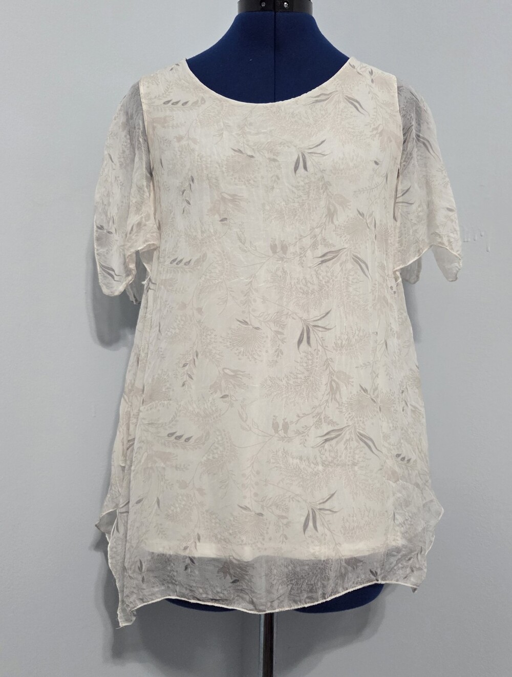 White Floral Italian Silk Blouse Size S